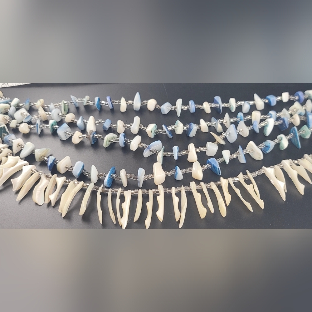 Vintage Japan Sea Shell Glass Bead Multi-Strand Bib Necklace Blue White - Picture 11 of 12